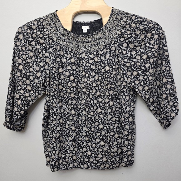 J. Jill Tops - J. Jill Black Floral Smocked Embroidered Neck 3/4 Sleeve Viscose Blouse Large